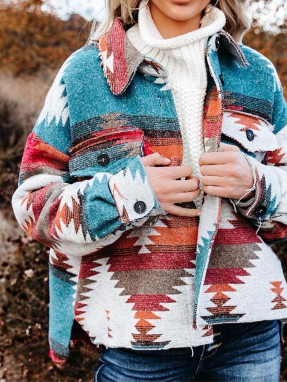 Blue B Collection Aztec Southwest Crop Jacket Shacket Rust Teal Size L